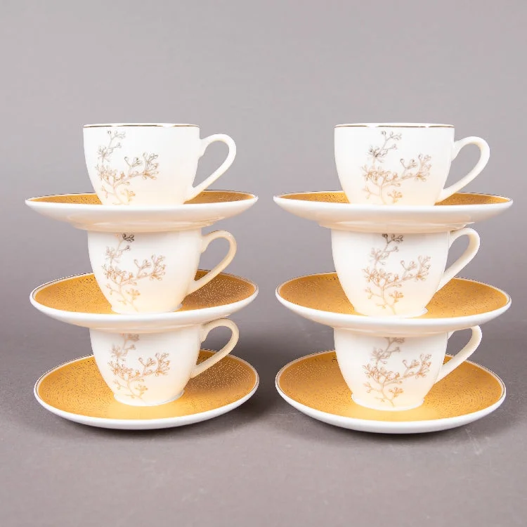 FOSUNY SET OF 6 90CC NEW BONE CHINA COFFEE CUP&SAUCER WHITE/GOLD (202029008)