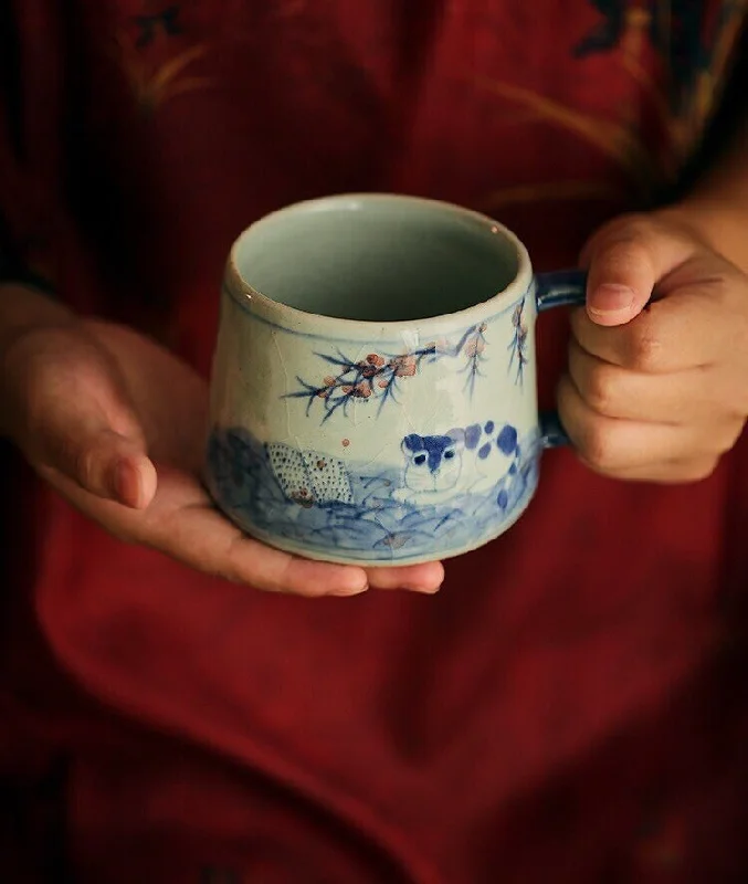 Gohobi Hand-painted Ceramic Cat & Peach Blossom Mug