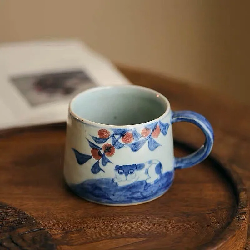 Gohobi Hand-painted Ceramic Cat & Persimmon Mug