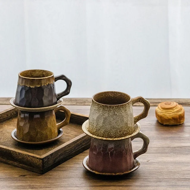 Gohobi Colourful Handmade Stoneware Coffee Mug and Saucer Set