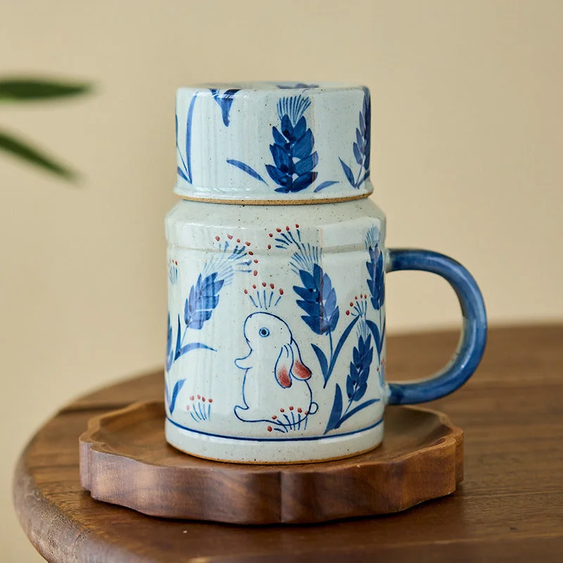 Gohobi Hand-Painted Blue and White Rabbit Mug with Lid Cup