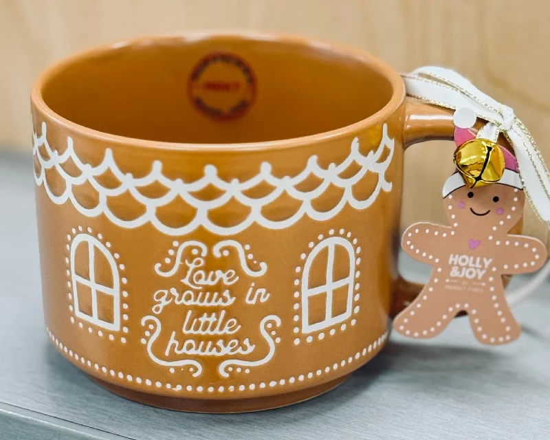 New brown gingerbread ceramic Christmas mug with bell  LOVE GROWS IN LITTLE HOUSES